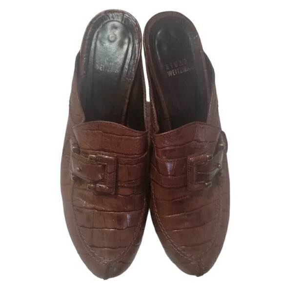Stuart Weitzman cognac leather clog w/ chunky heel gold accented rivets & buckle - Picture 2 of 6